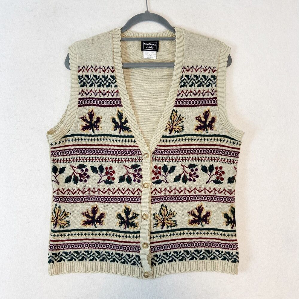 VTG 90s‎ Southern Lady Button Up Vest Womens M Cottagecore Country Fall Leaves